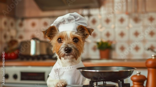 A terrier dressed as a chef, standing beside a stove with a tiny frying pan photo