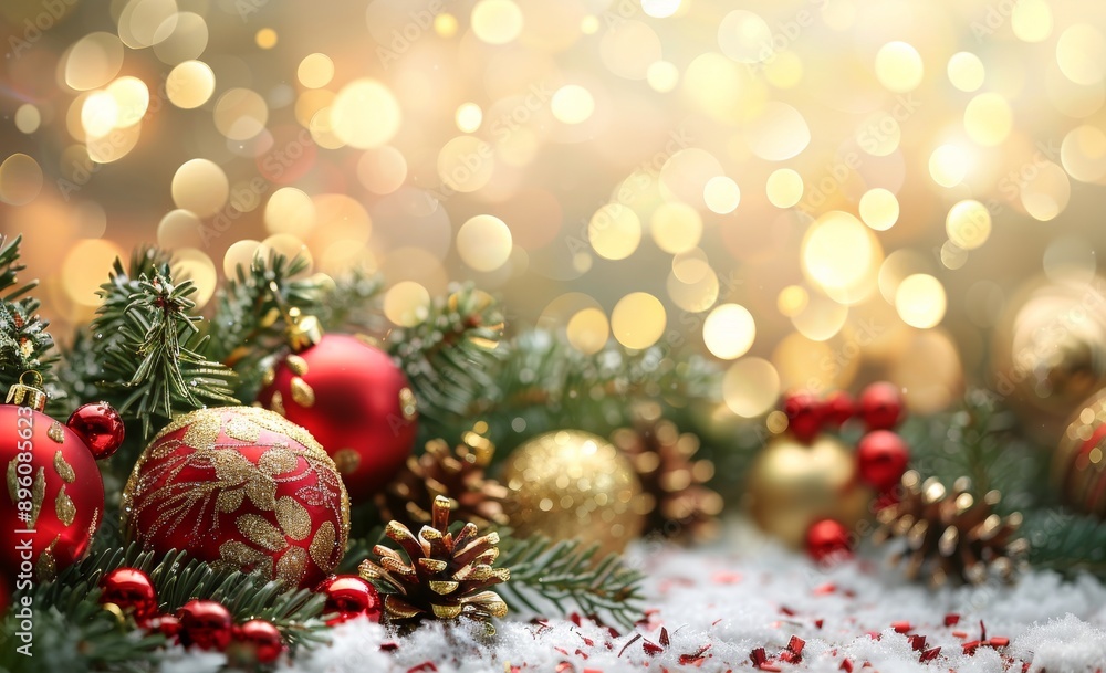 Festive Christmas background with red and gold ornaments and pine decorations Festive Christmas background with red and gold ornaments and pine decorations