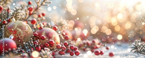 Christmas background with festive ornaments and red berries in a snowy setting
