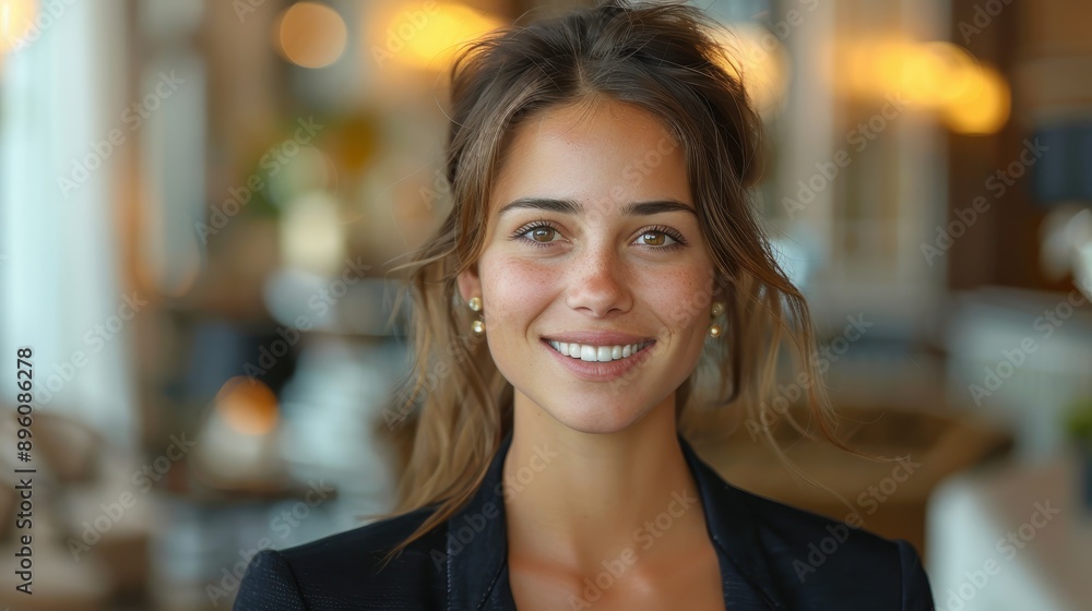 Portrait of a smiling woman standing in an indoor location with warm lighting and an elegantly blurred background, emphasizing her bright smile and sophisticated attire. Portrait of a smiling woman standing in an indoor location with warm lighting and an elegantly blurred background, emphasizing her bright smile and sophisticated attire.