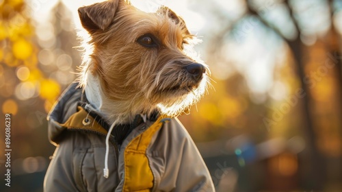 A terrier in a casual, lightweight jacket, enjoying a sunny day outdoors photo