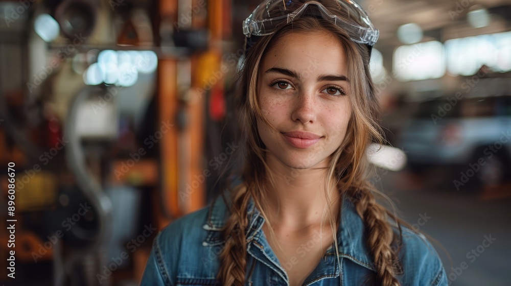 A young woman mechanic dressed in denim attire smiling inside a workshop, representing the blend of skill and modernity in technical professions. A young woman mechanic dressed in denim attire smiling inside a workshop, representing the blend of skill and modernity in technical professions.