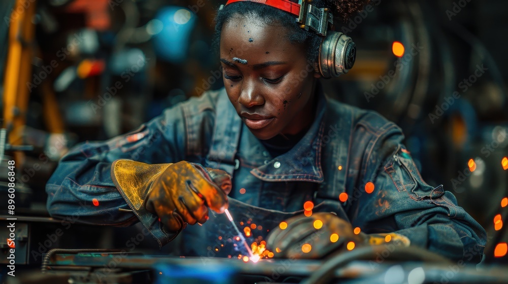 A skilled woman welder, concentrated on her task, with visible sparks, showcasing her dedication and expertise in a workshop filled with technical equipment. A skilled woman welder, concentrated on her task, with visible sparks, showcasing her dedication and expertise in a workshop filled with technical equipment.
