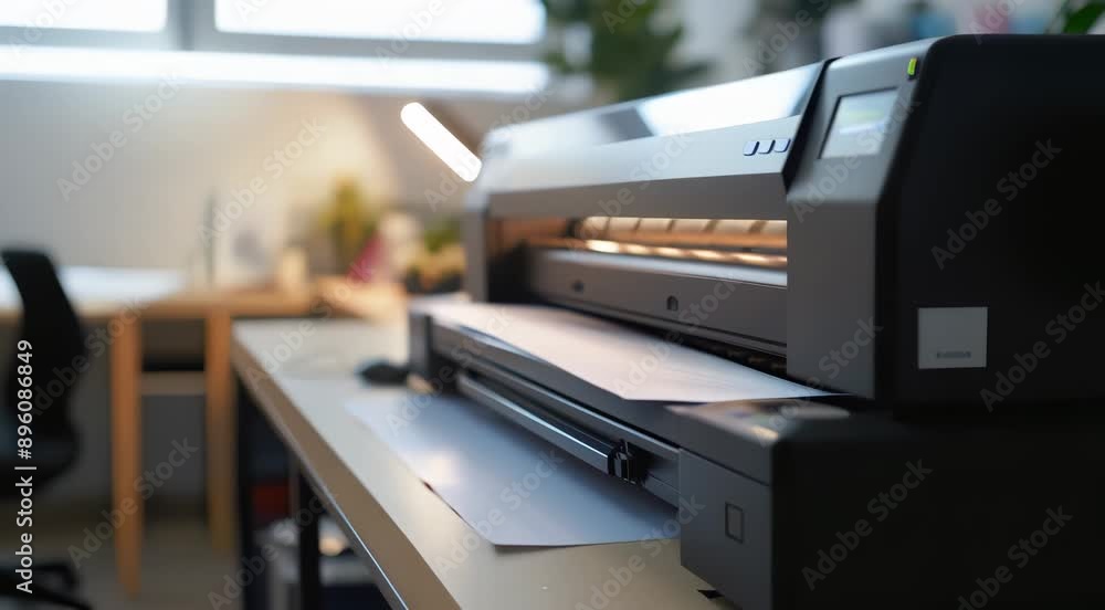 Large format printer in an office setting with paper being fed through it. A desk, task lamp, and potted plants are visible in the blurred background. Large format printer in an office setting with paper being fed through it. A desk, task lamp, and potted plants are visible in the blurred background.