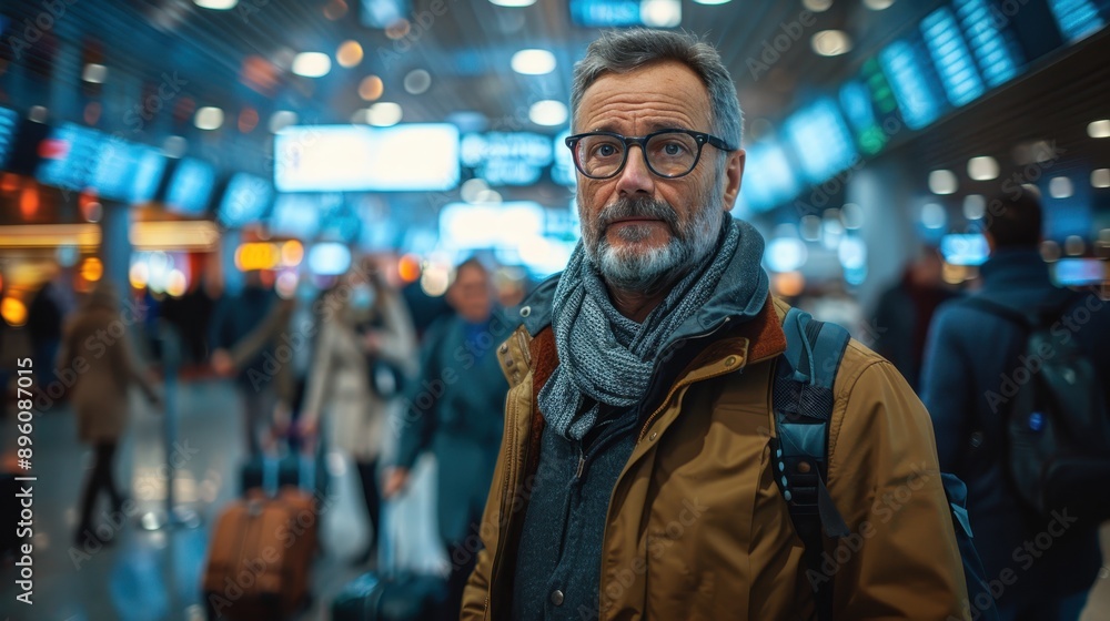 A senior man with grey hair and beard, wearing glasses and a scarf, standing in a busy airport with a serious expression, carrying luggage in a bustling environment. A senior man with grey hair and beard, wearing glasses and a scarf, standing in a busy airport with a serious expression, carrying luggage in a bustling environment.