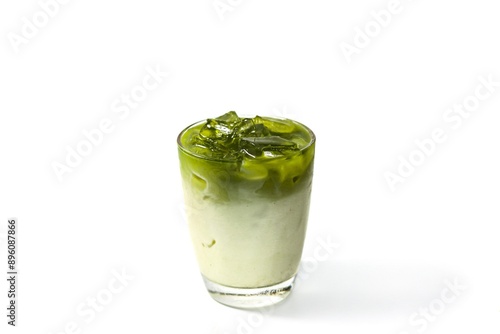 Pictures of ice green tea and powder green tea serving on bamboo mat with white background and isolated concept.