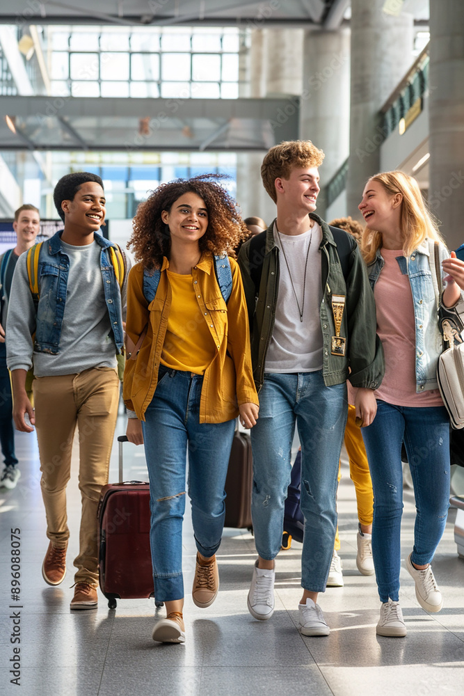 A group of diverse young adults walking through an airport terminal with smiles, carrying luggage, representing travel and friendship. A group of diverse young adults walking through an airport terminal with smiles, carrying luggage, representing travel and friendship.