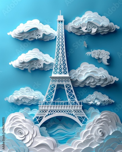 Stunning Papercut Craft of Eiffel Tower Amidst Layered Cloud Formations in Blue and White Hues photo