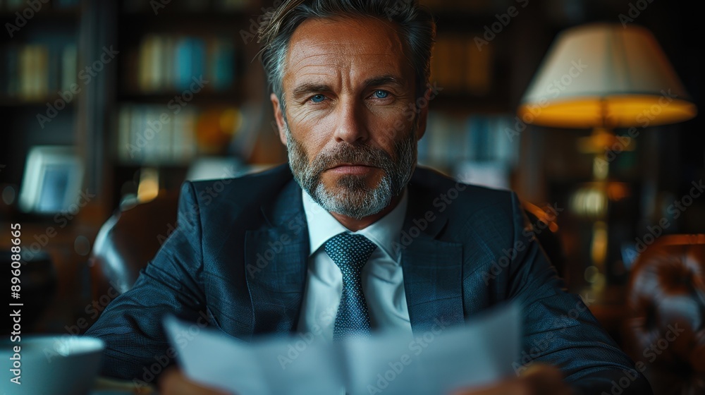 A man in formal business attire is seated at a desk with papers in hand, set in a classic office environment, exuding seriousness, maturity, and a deep sense of focus. A man in formal business attire is seated at a desk with papers in hand, set in a classic office environment, exuding seriousness, maturity, and a deep sense of focus.