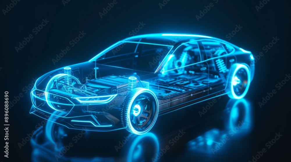 Fototapeta premium A car is shown in a blue and green color scheme, with a futuristic design