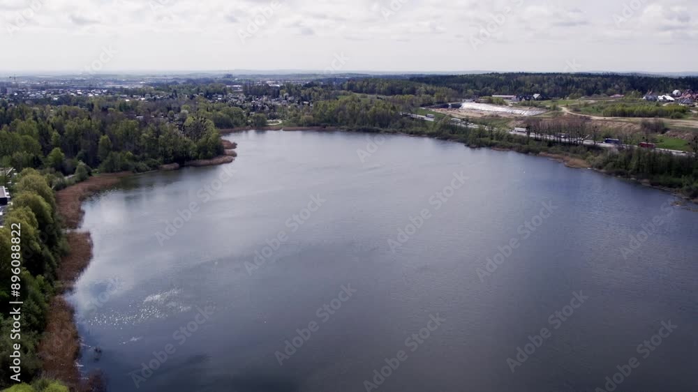Drone flight with view of lake Drone flight with view of lake