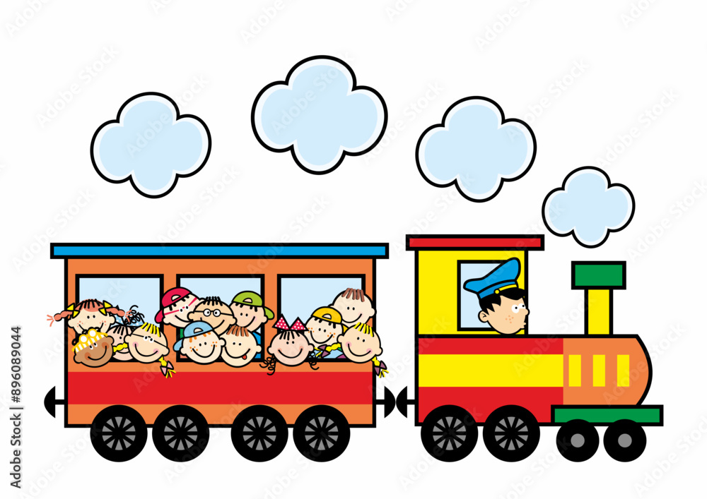 Obraz premium Children ride a train, locomotive with wagon, railway, vector illustration, funny design, eps.