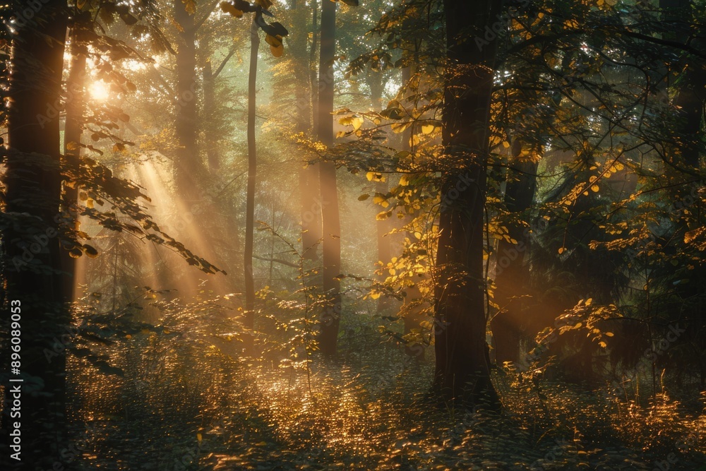 Obraz premium A sunny day in the woods with sunlight peeking through the tree canopy