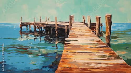 Dock - Painting, dock, pier, water, ocean, sea, sky, wooden, boardwalk, tranquility, serene, horizon, rustic, nature, calm, summer, reflections, blue, green