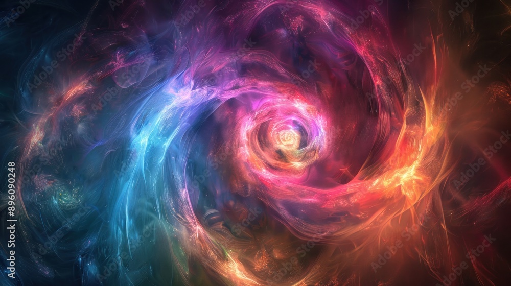 A mesmerizing swirl of iridescent lights swirling outwards from a center on a dark canvas, A mesmerizing swirl of iridescent lights swirling outwards from a center on a dark canvas,