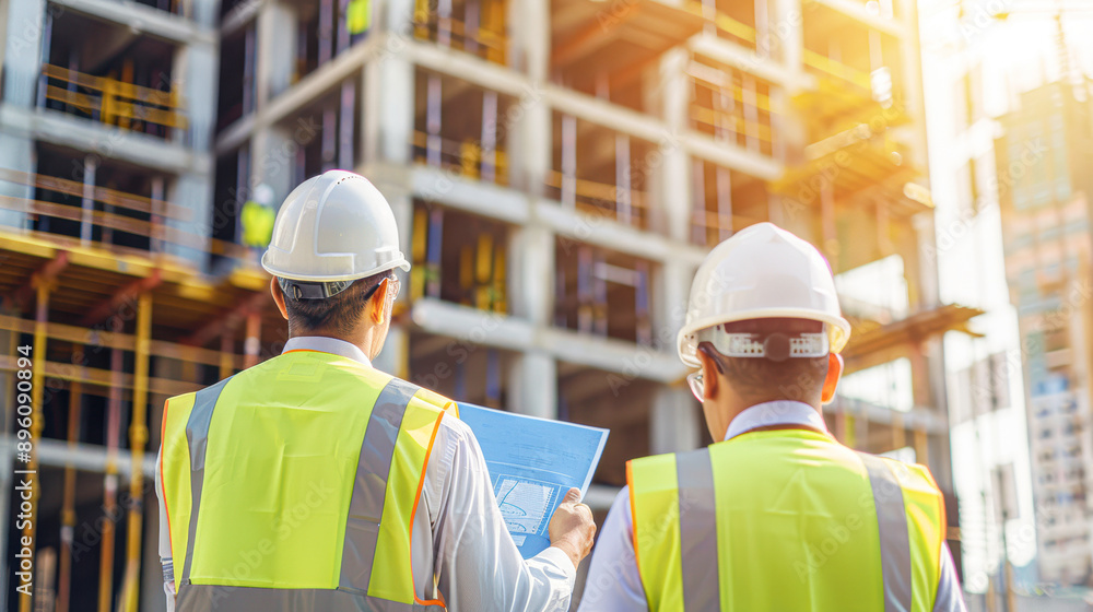 Two men in yellow vests are standing in front of a building Two men in yellow vests are standing in front of a building