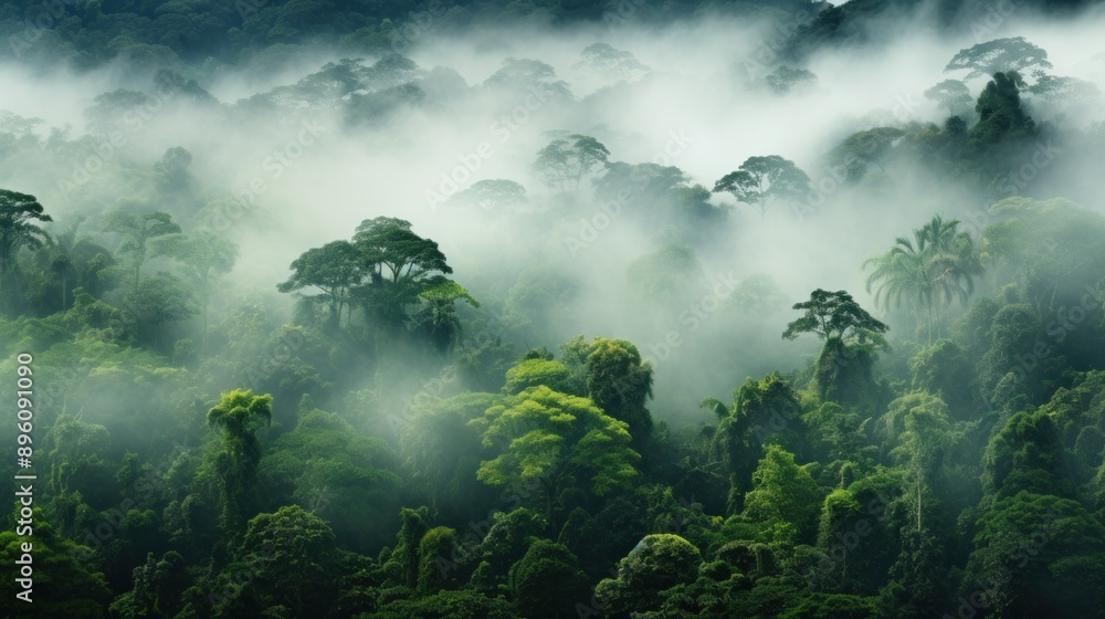 Obraz premium A misty rainforest viewed from above, showcasing the intricate patterns formed by the treetops, creating a mesmerizing tapestry of nature