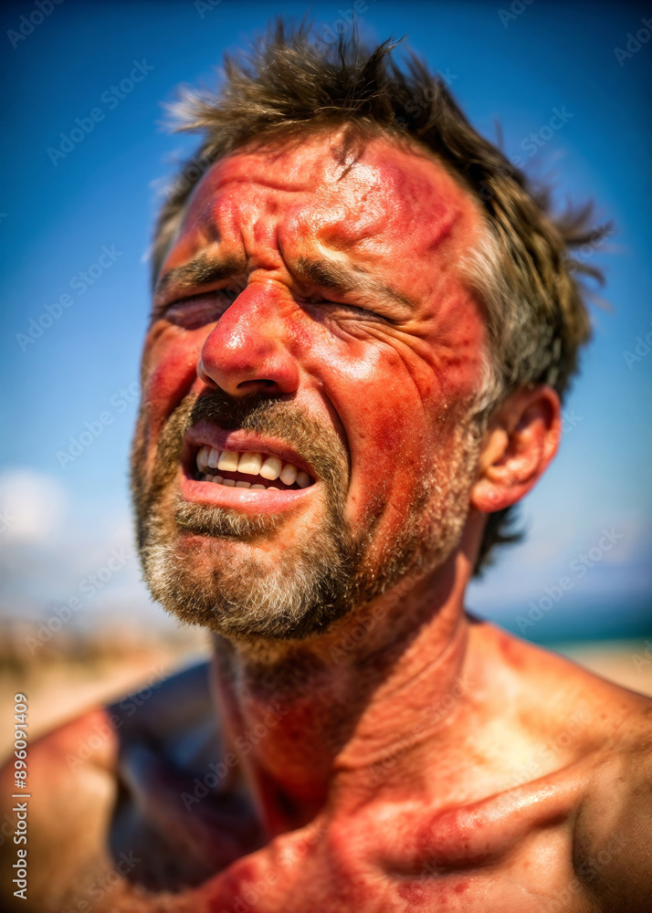 Man suffering from skin burns from extreme sun heat Seven Plagues of book of Revelation Man suffering from skin burns from extreme sun heat Seven Plagues of book of Revelation