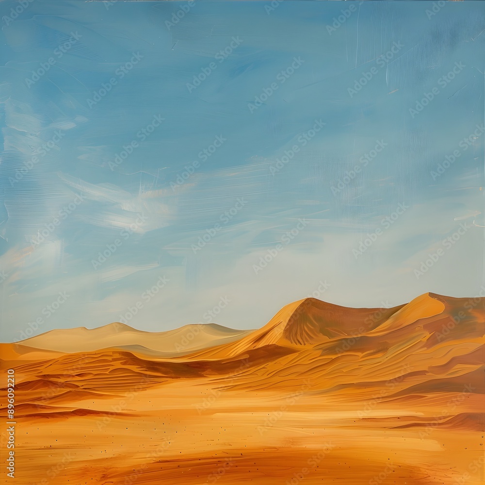 Naklejka premium Naturalistic Portrayal of Expansive Desert Landscape with Undulating Sand Dunes and Captivating Clear Sky Serene and Minimalist Desert Scene Showcasing the Beauty of Arid Natural Environment 