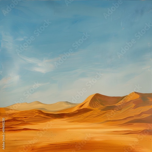 Naturalistic Portrayal of Expansive Desert Landscape with Undulating Sand Dunes and Captivating Clear Sky  Serene and Minimalist Desert Scene Showcasing the Beauty of Arid Natural Environment  © kitti