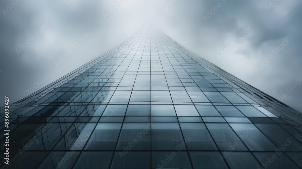 Modern glass skyscraper towering upwards into foggy sky Modern glass skyscraper towering upwards into foggy sky