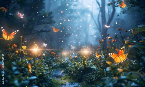 Mystical garden with levitating flowers, twisting paths in the air, and glowing butterflies