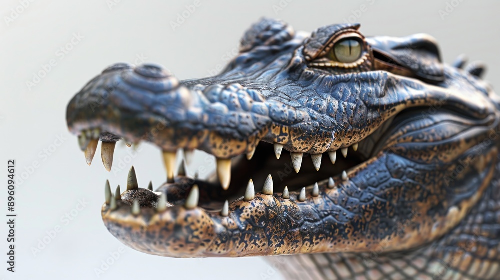 Obraz premium A photorealistic close-up of an alligator's head with its sharp teeth and piercing eyes