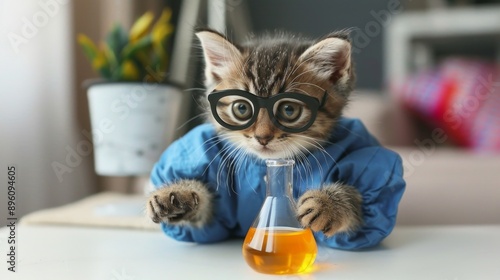 A kitten dressed as a scientist, holding a tiny test tube