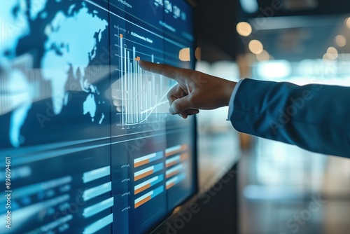 business, people and technology concept - close up of businessman working with virtual screens in office