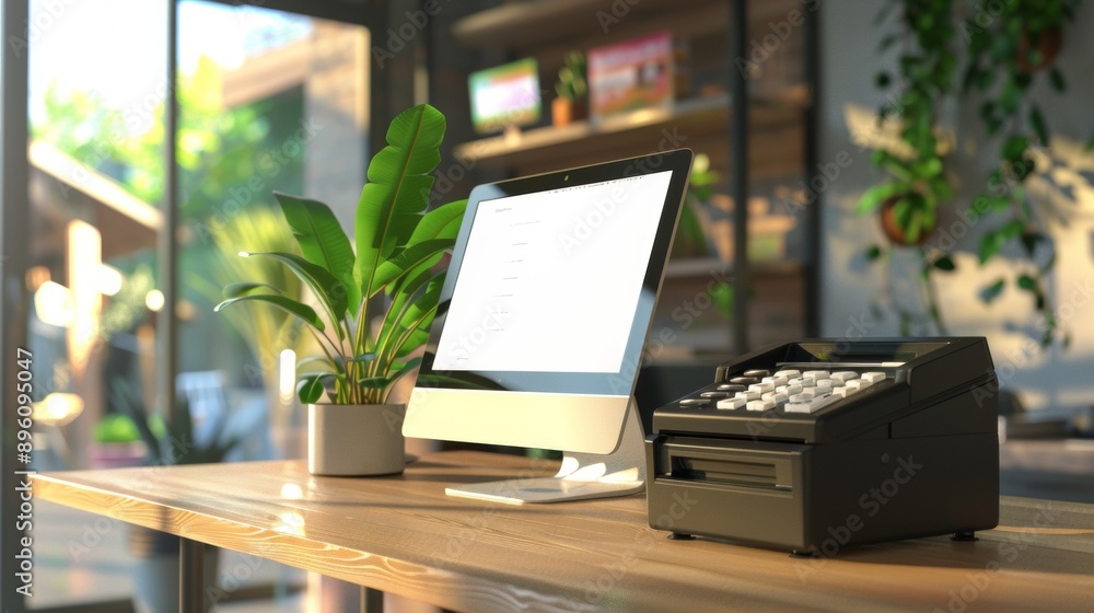 Up-to-date cash register or ordering machine with screen on a table or bar in a store Up-to-date cash register or ordering machine with screen on a table or bar in a store
