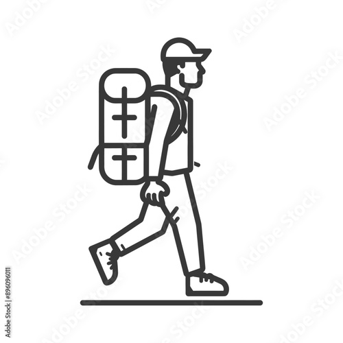 minimalist line art icon backpacker man in action logo symbol