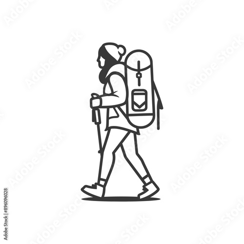 minimalist line art icon backpacker woman in action logo symbol
