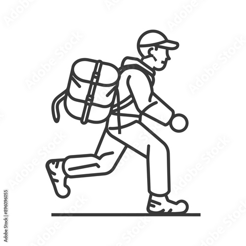 minimalist line art icon backpacker man in action logo symbol