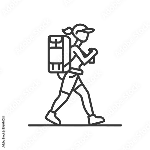 minimalist line art icon backpacker woman in action logo symbol