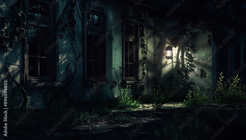 A dark abandoned house with broken windows and overgrown weeds illuminated by a single dim lantern The shadows cast by the lantern create ominous shapes and add to the haunted feel A dark abandoned house with broken windows and overgrown weeds illuminated by a single dim lantern The shadows cast by the lantern create ominous shapes and add to the haunted feel