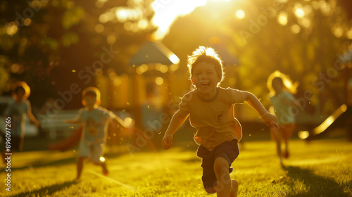 Joyful children running and playing in a sun-drenched park, capturing the essence of carefree childhood fun and happiness in a beautiful, golden hour setting