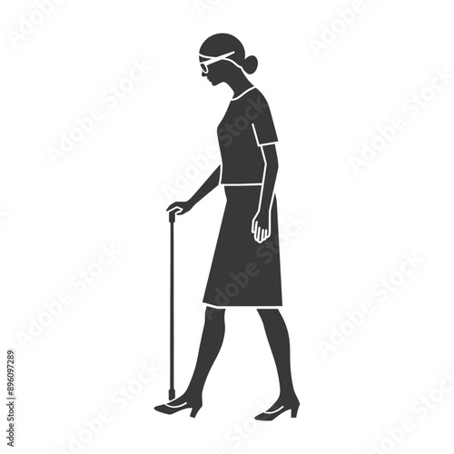 minimalist line art icon blind woman walks with a cane logo symbol