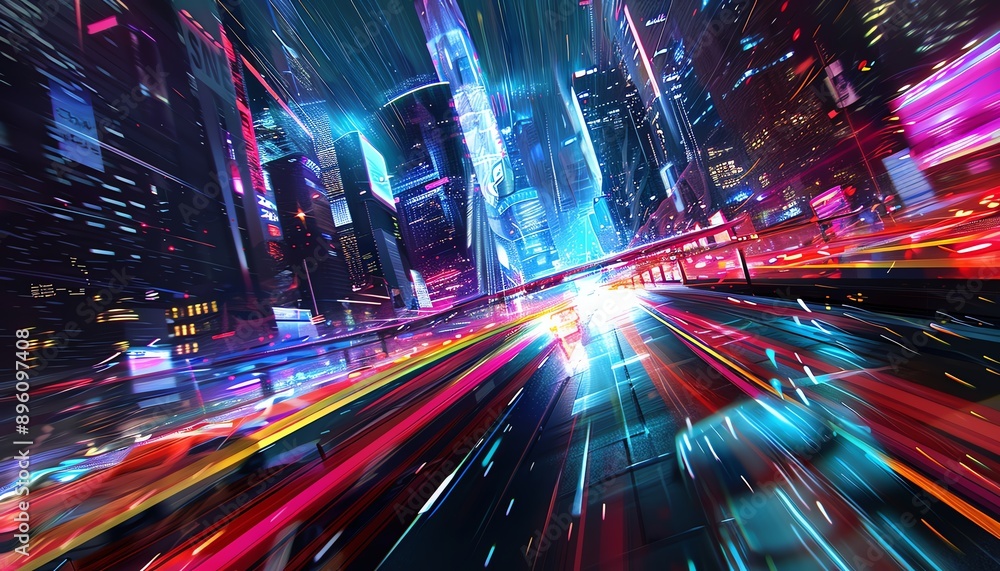 Cityscape with light trails on a highway, vibrant colors, dynamic and futuristic Cityscape with light trails on a highway, vibrant colors, dynamic and futuristic