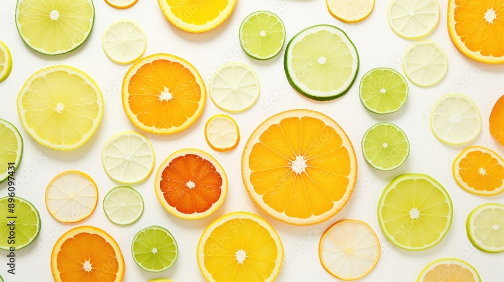 A refreshing medley of citrus fruits, including lemons, limes, and oranges, sliced and arranged in a geometric pattern on a clean white background. A refreshing medley of citrus fruits, including lemons, limes, and oranges, sliced and arranged in a geometric pattern on a clean white background.
