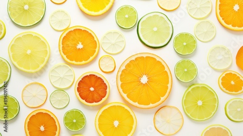 A refreshing medley of citrus fruits, including lemons, limes, and oranges, sliced and arranged in a geometric pattern on a clean white background.