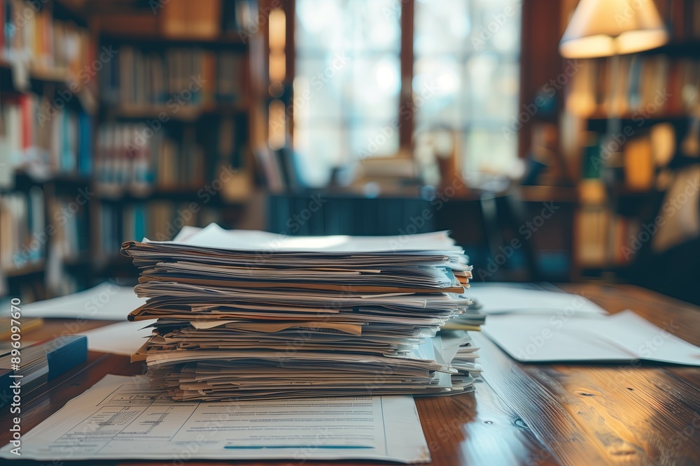 Stack of papers on desk in library. Stack of papers on wooden table. Stack of papers on desk in library. Stack of papers on wooden table.