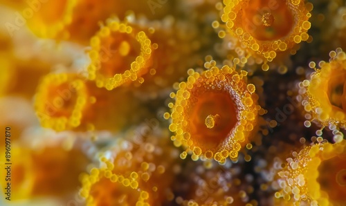 Extreme close-up of pollen grains, showcasing botanical diversity and reproductive biology