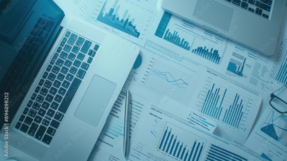 The laptops and financial charts The laptops and financial charts