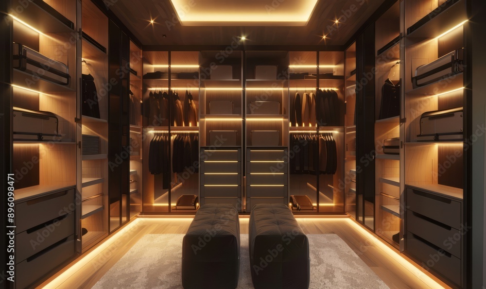 Glamorous walk-in closet with custom shelving and chic lighting Glamorous walk-in closet with custom shelving and chic lighting