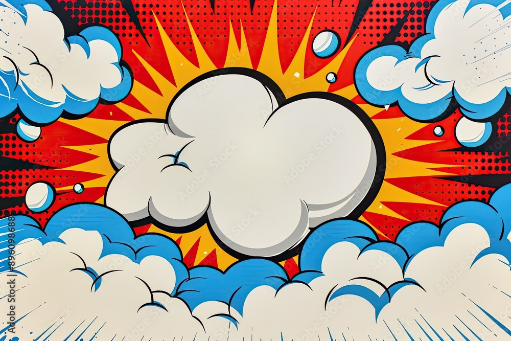 Comic-style explosion with speech bubble in vibrant red, blue, and yellow colors. Perfect for pop art themes and creative designs. Comic-style explosion with speech bubble in vibrant red, blue, and yellow colors. Perfect for pop art themes and creative designs.