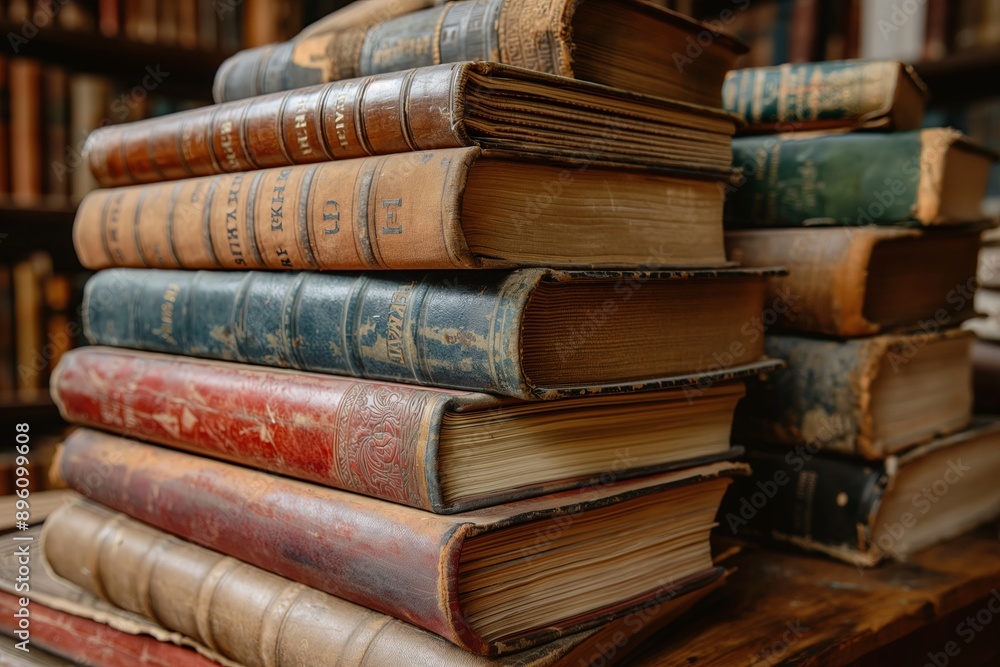 Pile of old books on a wooden table in a library. Pile of old books on a wooden table in a library.