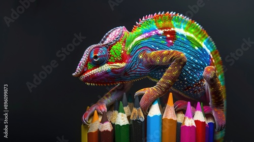 Colorful Chameleon on a Pile of Colored Pencils