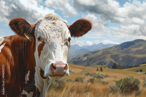 Close-Up Portrait of a Brown and White Cow in a Field