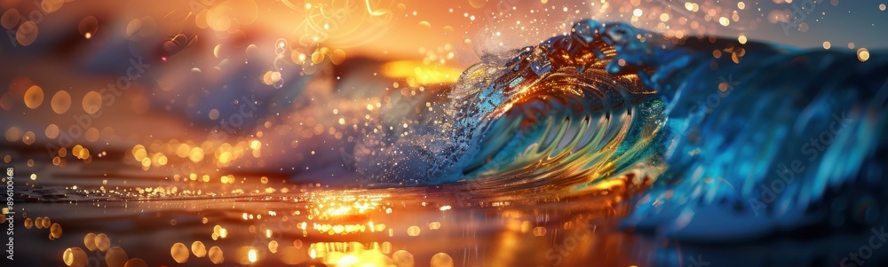 Fototapeta premium Wave in the ocean at sunset with golden light
