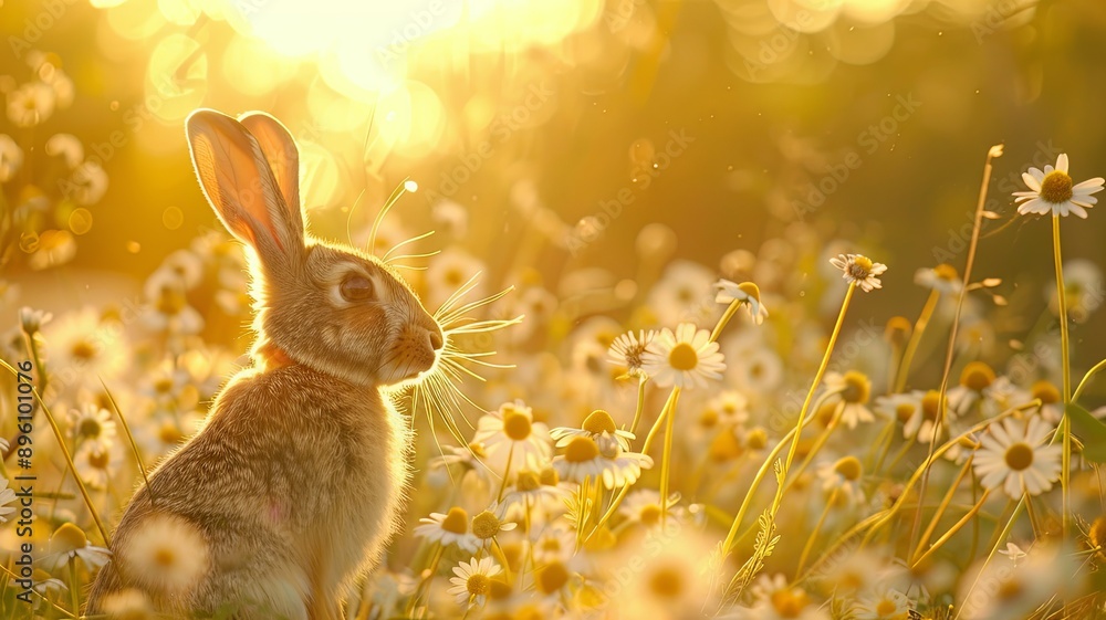 Cute Bunny in a Field of Daisies at Golden Hour - A fluffy bunny sits ...